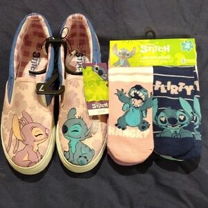 Disney Blue and Pink Stitch Slip-On Shoes and 10 Pair Socks Set
